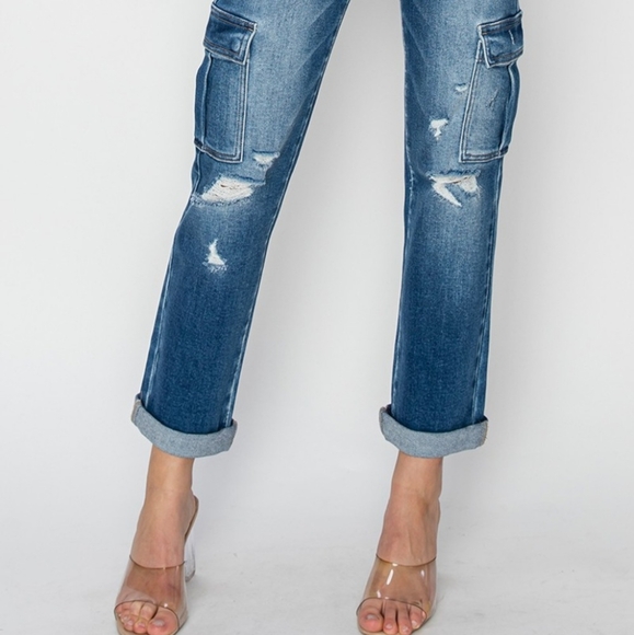 RISEN Retro 90 Cargo High-Rise Distressed Rolled Ankle Denim Jeans Utility Pants - Picture 9 of 15